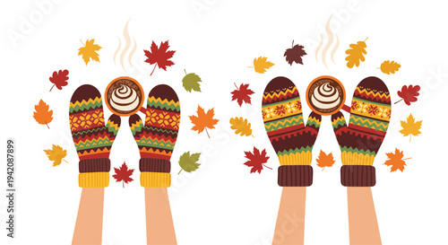Two pairs of hands, wearing brightly patterned knitted mittens, hold steaming mugs of whipped cream drinks, surrounded by colorful autumn leaves.