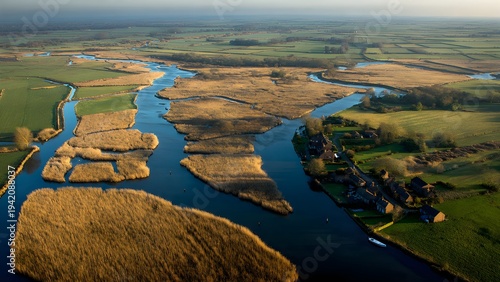Beautiful, isolated, serene, unpopulated landscape showcasing Norfolk Broads – Flat wetlands and rivers