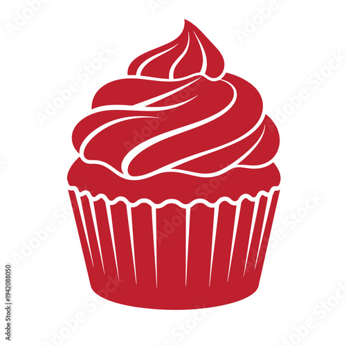 red cupcake with swirled frosting in a paper wrapper on white background