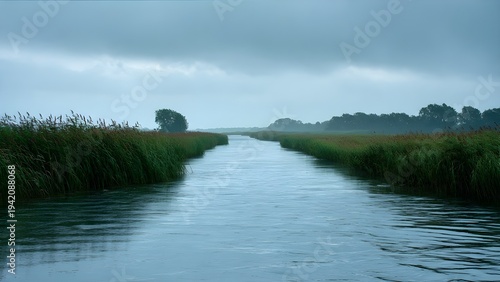 Beautiful, isolated, serene, unpopulated landscape showcasing Norfolk Broads – Flat wetlands and rivers