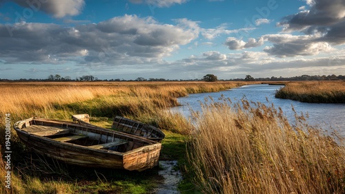 Beautiful, isolated, serene, unpopulated landscape showcasing Norfolk Broads – Flat wetlands and rivers