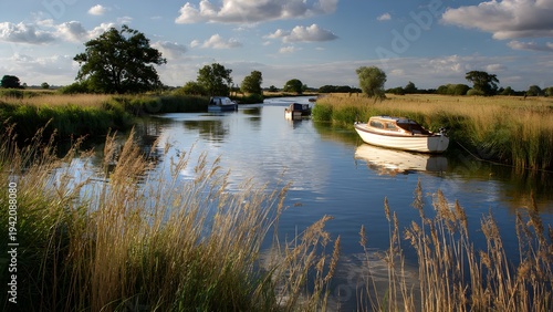 Beautiful, isolated, serene, unpopulated landscape showcasing Norfolk Broads – Flat wetlands and rivers