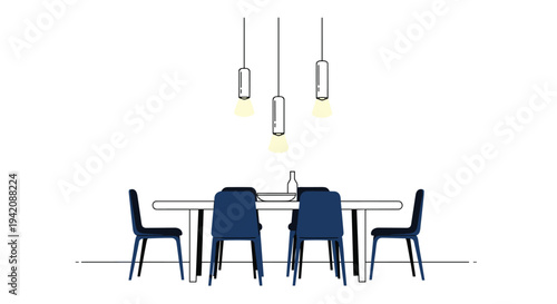 A minimalist line art illustration depicts a dining room with a white table, four dark blue chairs, and three pendant lights.