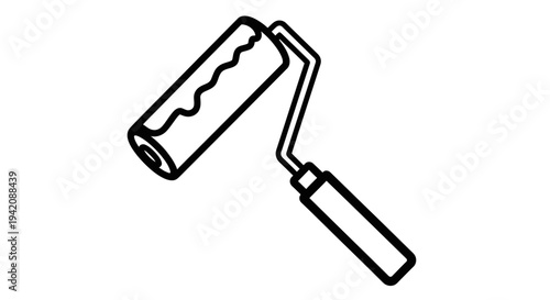 Simple black line illustration of a paint roller on a white background viewed from an angle