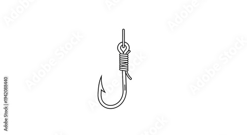 A detailed illustration of a fishing hook against a plain white background viewed from a straightforward angle