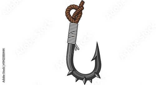 A detailed illustration of a fishing hook tied with rope, viewed from the side on a plain background.