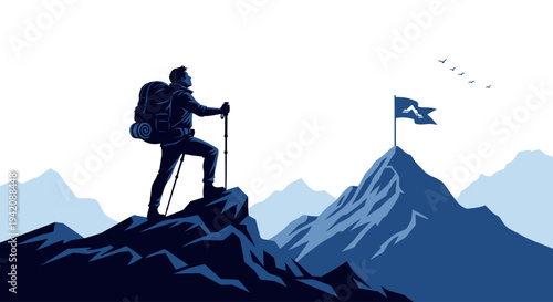 Climbing mountaineer reaching mountain peak with flag on rocky terrain from a distant viewpoint