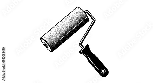 A paint roller with a black handle is depicted in a simple illustration, showcasing a tool for painting tasks.