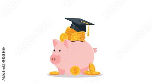 A charming pink piggy bank, adorned with a black graduation cap, is brimming with a stack of gleaming gold coins on a pristine white surface.