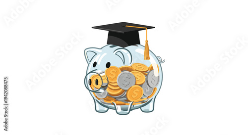 A transparent, glass-like piggy bank, wearing a black graduation cap, is visibly filled with a mixture of gold and silver coins on a crisp white background.