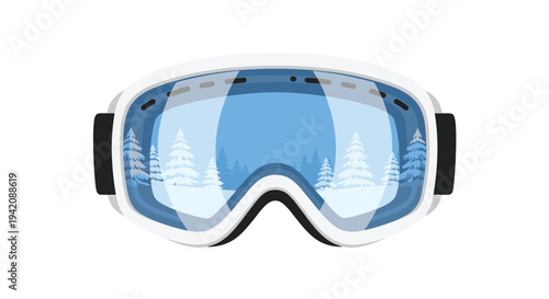 A pair of white ski goggles with a dark blue and black frame prominently features a wide blue lens reflecting a dense forest of snow-covered pine trees on a white background.