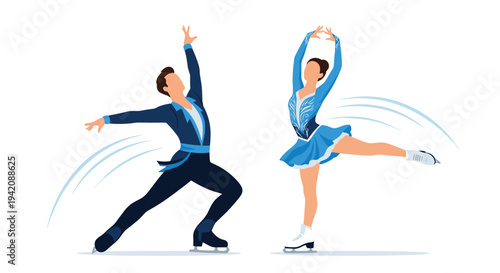 A male and female ice skater gracefully perform in elegant blue costumes, with the man extending his arms and the woman posing on one leg, leaving trails on a white surface.