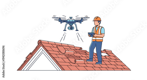 A construction worker in a yellow hard hat and orange vest operates a camera drone with a tablet to inspect a damaged terracotta tiled roof.