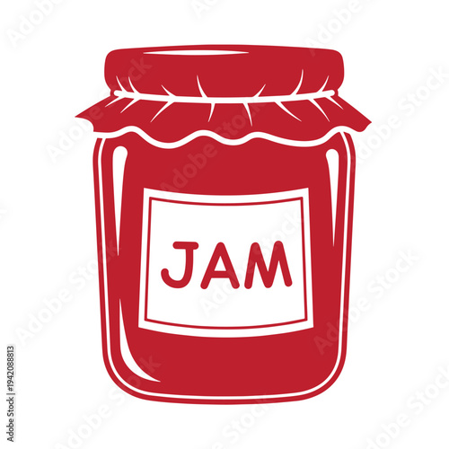Red jam jar container with label isolated on white background