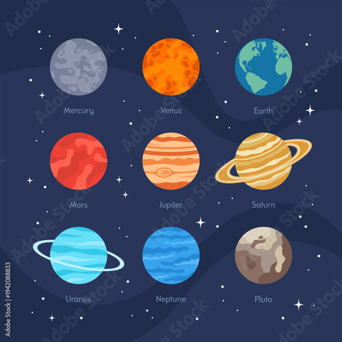 Planets of the Solar System with names on the background of the starry universe, flat vector illustration