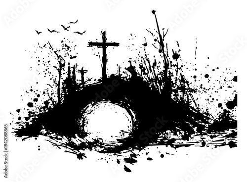Silhouette of three crosses on calvary hill with empty tomb in grunge ink style