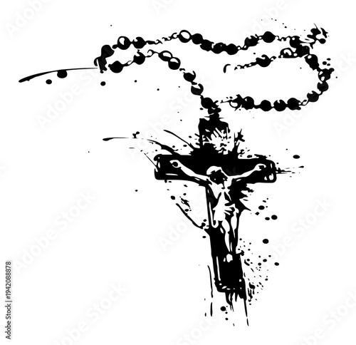 Catholic rosary beads with crucifix of jesus christ in artistic grunge sketch style