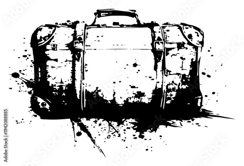 Old vintage travel suitcase with leather straps isolated in distressed grunge style