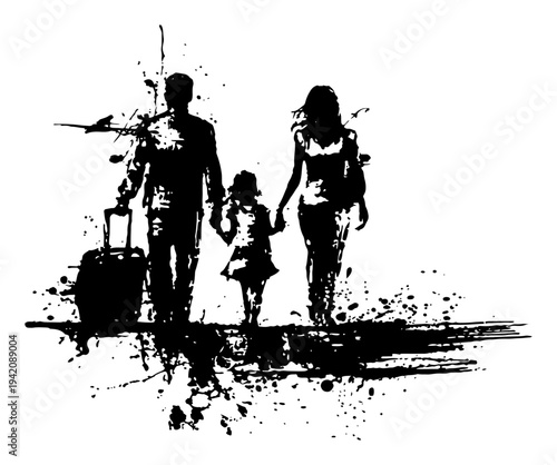 Silhouette of a family traveling with luggage and airplane in grunge style