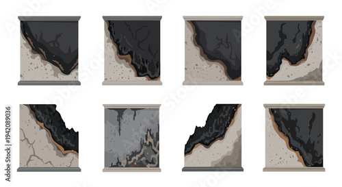 A collection of eight rectangular panels showcasing various stages of fire damage on concrete walls with charred black and brown sections.