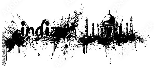 India word typography with Taj Mahal landmark in grunge ink style