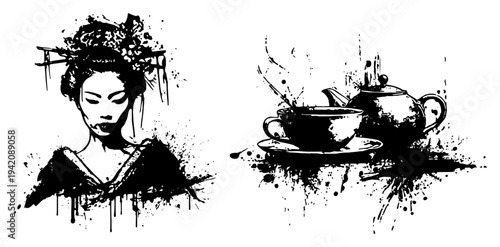 Traditional japanese geisha woman and tea ceremony set in grunge style