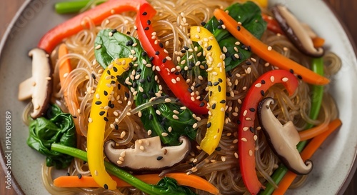 Delicious Japchae Korean Glass Noodle Stir Fry with Colorful Vegetables and Sesame Seeds