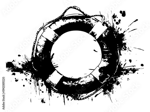 Round lifebuoy safety ring with grunge ink splatter effects