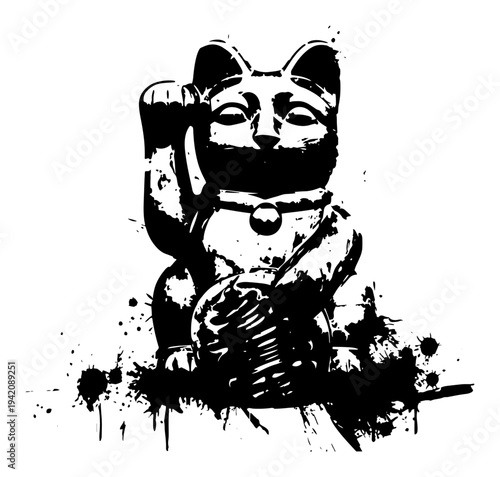 Japanese lucky cat maneki neko figurine with ink splashes