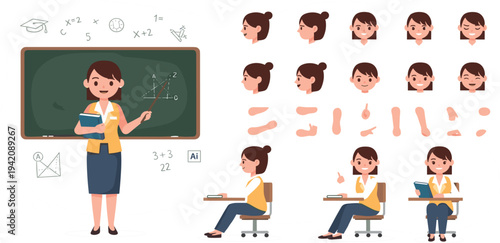 Female Teacher Character Creation Vector Set with Different Poses, Facial Expressions, and Classroom Elements for Educational Animation and School Design Projects