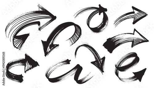 Sketch style arrow collection, looping arrows and curved doodle navigation vector set.