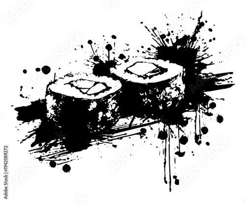 Japanese sushi food rolls illustration in artistic grunge style