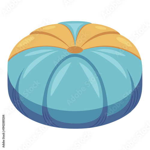 Modern graphic illustration of a blue and yellow segmented decorative squash or cushion