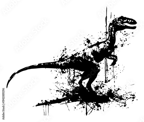 Prehistoric dinosaur raptor silhouette with artistic ink splatters