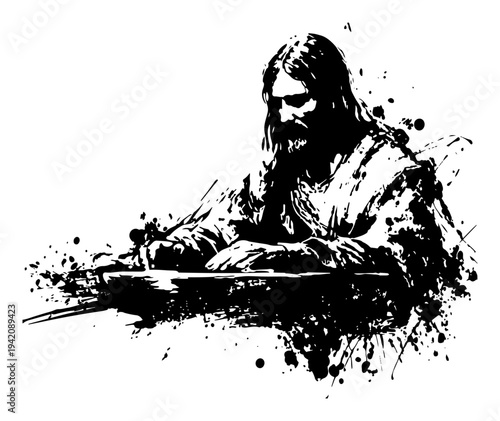 Jesus Christ breaking bread at table in grunge style