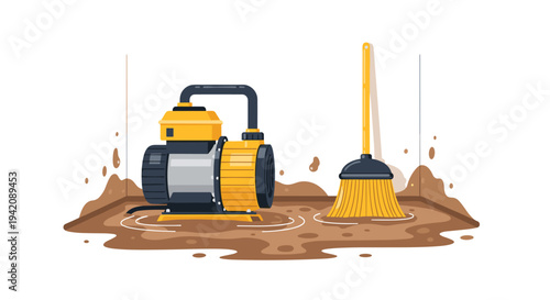 A yellow and black electric water pump with a single black hose operates on a flooded brown muddy floor, with a yellow straw broom nearby.