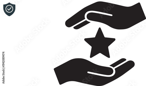 Two hands forming protective circle around star care protection support concept vector silhouette icon