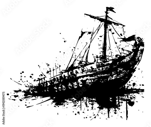 Vintage sailing ship boat navigating the sea in grunge ink style