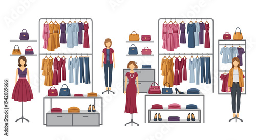 A vibrant women's clothing store interior features multiple mannequins displaying dresses, blouses, pants, and accessories on racks and shelves against a white background.