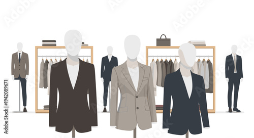 A men's fashion store showcases multiple mannequins wearing various suits and blazers, alongside folded shirts and ties on display racks and shelves.