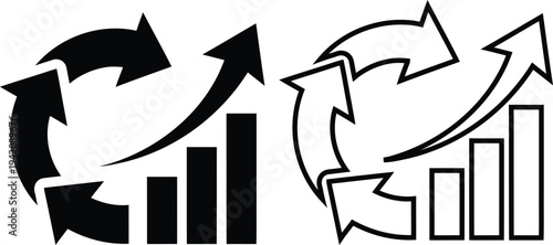 outline icons of bar graphs with circular arrows indicating growth and recycling business progress