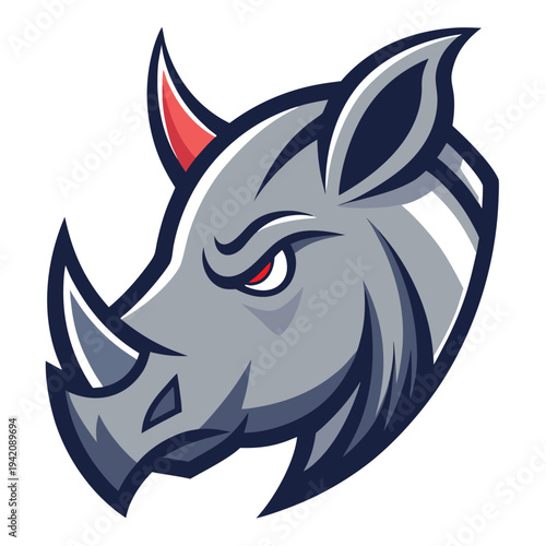 Powerful rhinoceros head mascot illustration with intense red eye and strong determined expression
