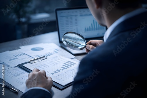 A business professional using a magnifying glass to review and verify documents on a desk, symbolizing audit, compliance, data verification, and quality assurance