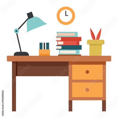 Organized home office desk with a teal lamp, stacked books, and a green potted plant