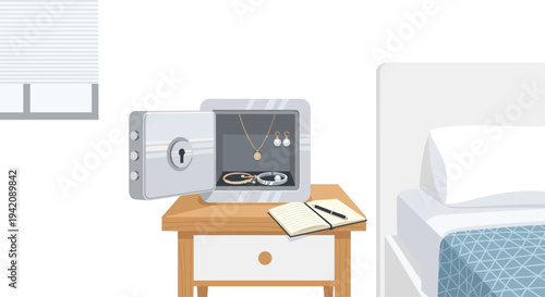 An open gray safe containing a gold necklace, earrings, a bracelet, and a watch rests on a nightstand next to a notebook and pen, with a bed and window in the background.
