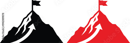 Mountain peak with flag and upward arrow icons in and red summit