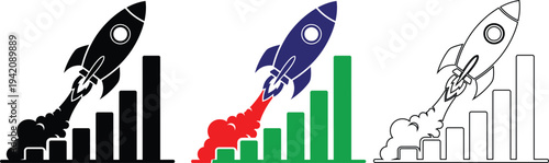 Rocket Launching Upwards Over Growing Bar Chart In Three Styles