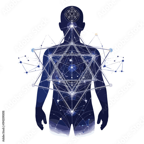Human silhouette filled with star map and Merkaba geometric symbol