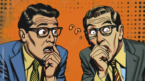 Two worried businessmen in suits looking concerned and puzzled