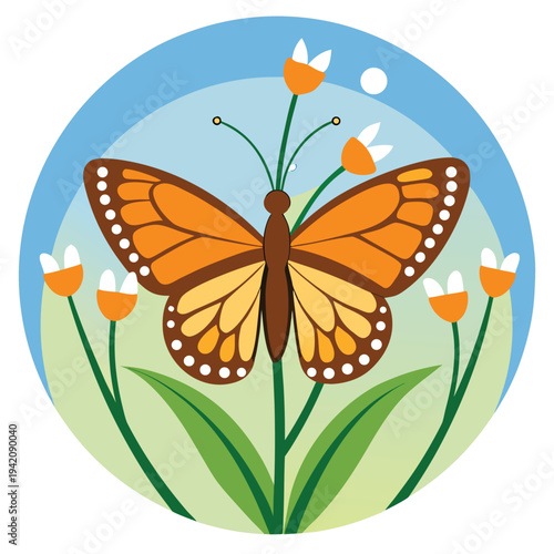 Vibrant monarch butterfly resting peacefully on delicate white and orange flowers in a serene nature scene